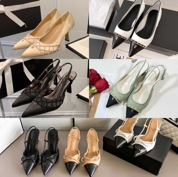 

crystal interlocking c sandals bicolor two-tone leather chains logo pumps flat mules chanl slingback mary jane bowknot kitten heels summer l, Black