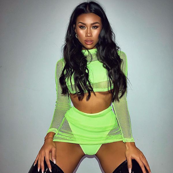 

two piece dress bkld fashion neon green women sets long sleeve seethrough crop with mini skirt bodycon 2 pieces club outfits 230504, White