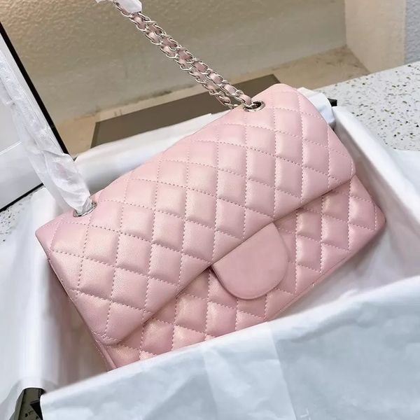 

2023 ss iridescent pink pearl of classical luxury designers chain crossbody bag with silver metal hardware double flap shoulder handbag more