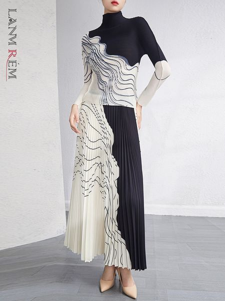 

two piece dress lanmrem print contrast color pleated set for women turtleneck long sleeve slim aline skirt clothing spring 2l2186 230504, White