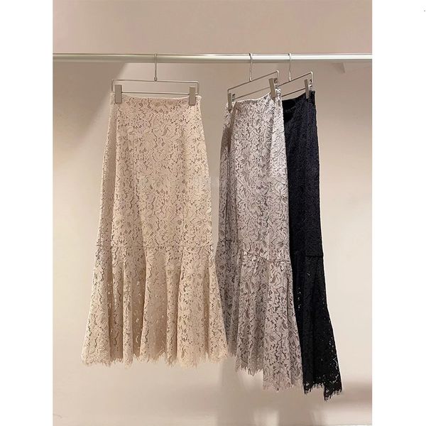 

skirts kuzuwata japanese hollow out lace high waist mujer faldas spring fishtail long fairy women skirt soft elegant slim fit jupe 230504, Black
