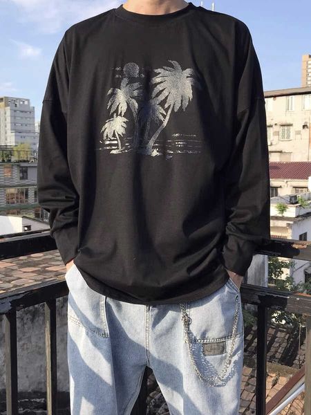 

designer clothing men's sweatshirt fashion hoodie palm angel wang jia er's same coconut beach back alphabet print long sleeve t-sh, Black