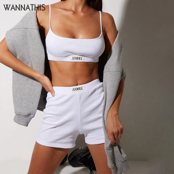 

women's two piece pants wannathis knitted 2 pieces sets women cropped and shorts skinny elastic hight waist mini shorts fashion summer, White