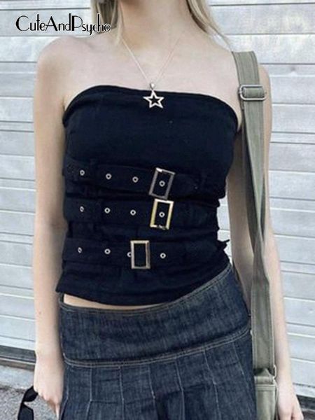 

tanks cuteandpsycho gothic women tube buckle fashion solid cropped summer clubwear corset tee aesthetic y2k fairycore camis, Black;white
