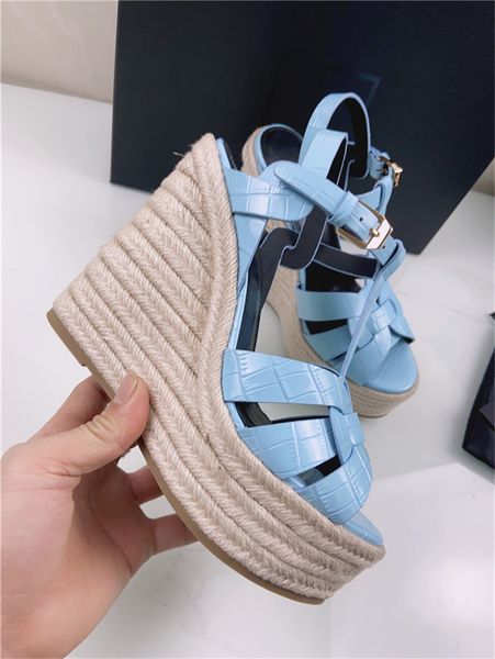 

designer luxury tribute 85 strap sandals leather wedge sole platform sandals genuine leather with box, Black