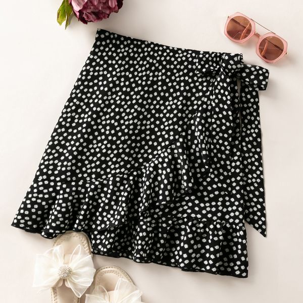 

skirts womens polka dots floral bow short loose lrregular ruffled half skirt 230504, Black