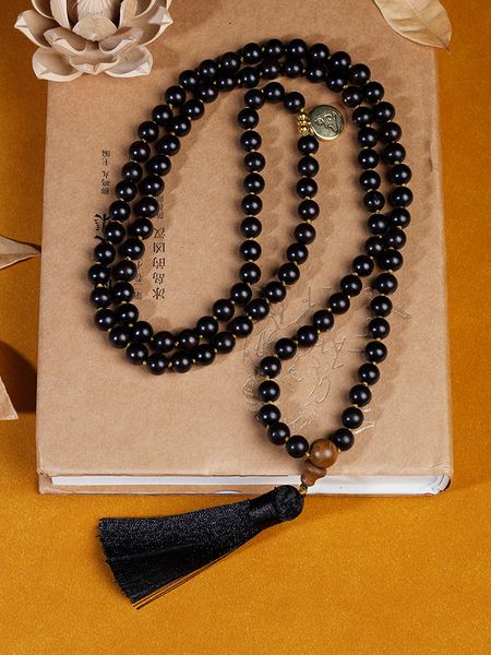 

chokers 8mm original ebony beaded knotted japamala necklace black tassel meditation yoga blessing jewelry 108 mala rosary wholesale 230503, Golden;silver