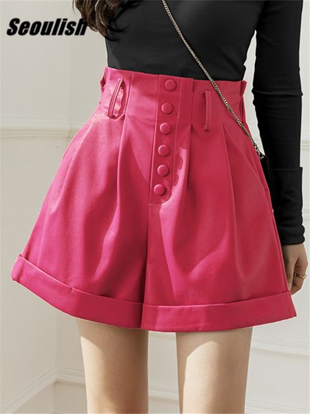 

women's shorts seoulish pu faxu leather women's shorts autumn winter single breasted high waist wide leg pants female office trous, White;black