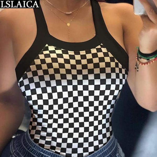 

t-shirt women 2022 summer casual plaid print fashion back bow decorated backless knitted ladies tank streetwear, White