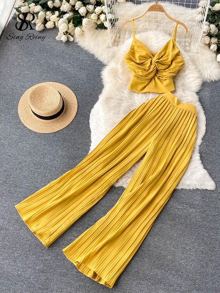 

pants singreiny pleated women summer set 2022 eastic waist ruched y2k wide leg pants ladies fashion vacation two piece sets, White