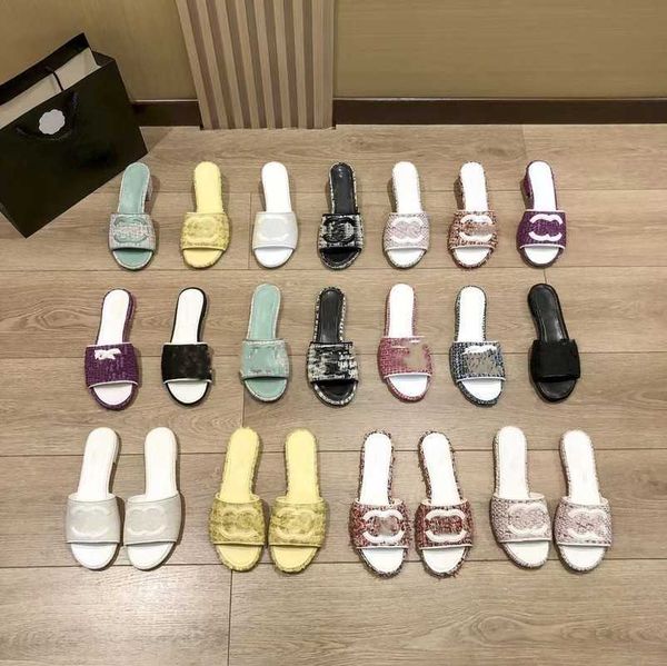 

women designer summer sandal tweed slipper chains interlocking c lether slides gear bottoms slider dad sandals causal huaraches shoe flip fl, Black