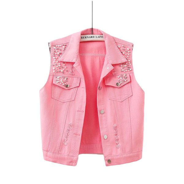 

vests new in 2023 women's candy color beading denim jacket vest 2023 spring summer korean fashion sleeveless short coat jean waistcoat, Black;white