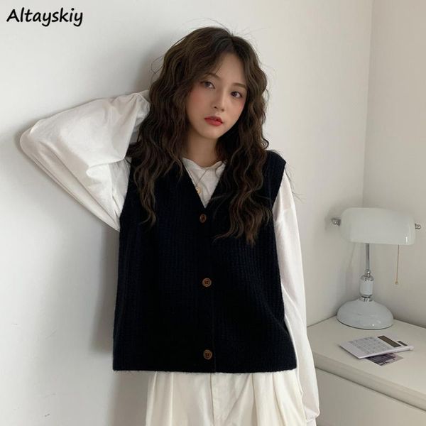 

vests sweater vests women solid simple vneck short casual loose knitted allmatch single breasted outwear fashion korean style, Black;white