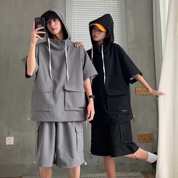 

men's casual shirts cargo pants short men suit summer solid color loose t shirts shorts 2 piece set japan outdoor casual tracksuit men, White;black