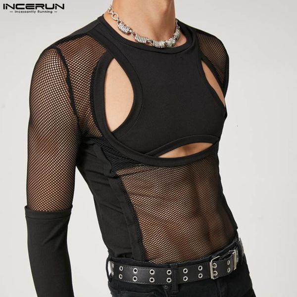 

men's t-shirts incerun men t shirt mesh patchwork o-neck long sleeve tee see through hollow out streetwear party nightclub camisetas 2, White;black