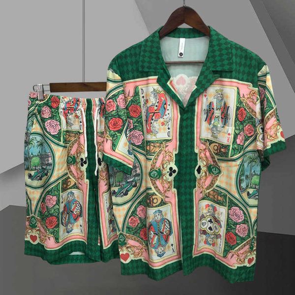 

men's casual shirts vintage playing card graphic print men set casual tracksuits fashion brand shirt loose shorts suit men summer shirt, White;black