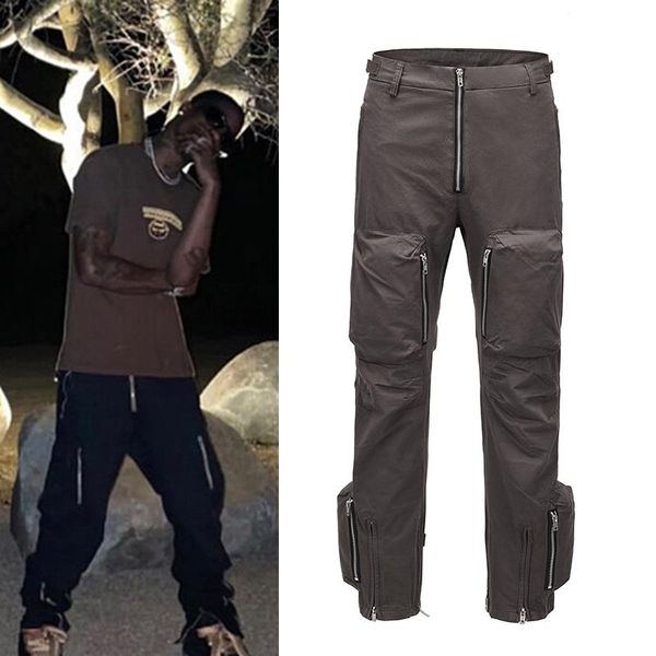 

pants muitipockets drawstring overalls mens high street retro straight casual oversize cargo pants safari style loose trousers, Black