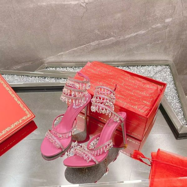 

luxury design lady sandal designer elegance rene chandelier crystal copper pink sandal shoes women crystal strap mule lady slip on high heel, Black