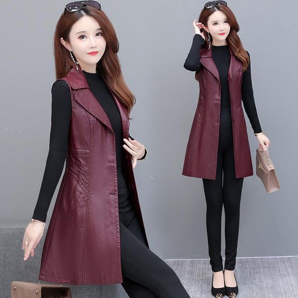

leather pu leather vest women slim midi casual motorcycle lady 2022 new fashion sleeveless black dark red waistcoat female