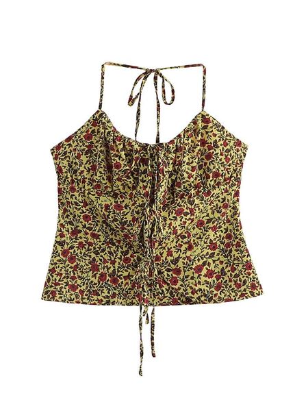 

t-shirt 2022 halter collar small flower print girl camisole camis women summer corset cross laceup bandage tank crop top, White