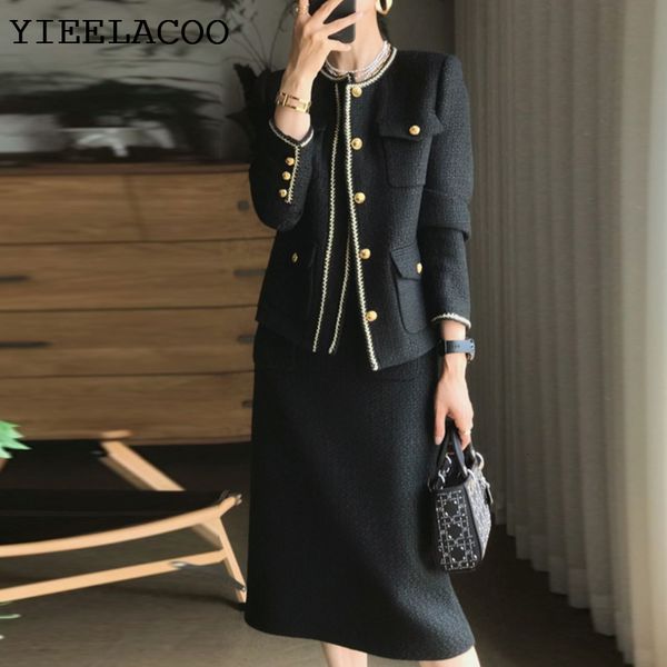 

two piece dress black tweed jacket skirt suit fashion professional set slimming women's suit autumn/winter 2-piece set 230504, White