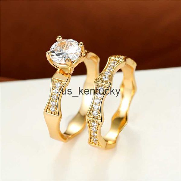 

band rings luxury crystal round stone joint rings vintage gold color wedding ring sets white zircon engagement ring set for women party, Silver