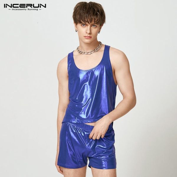 

men's sleepwear incerun men pajamas sets homewear o-neck sleeveless tank shorts 2pcs solid shiny irregular men sleepwear suits s-5xl 2, Black;brown