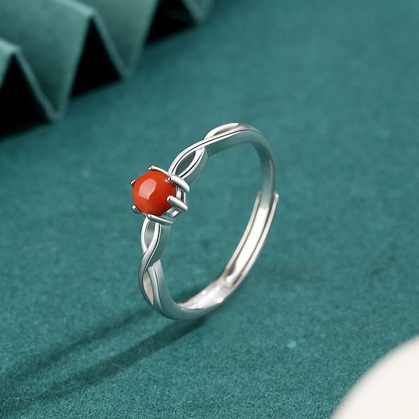 

s925 silver dot red agate ring round set with mobius simple ring, Golden;silver