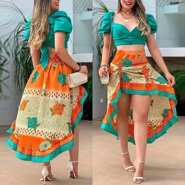 

two piece dress casual suit fullprint puff sleeve cropped with skirt 230504, White