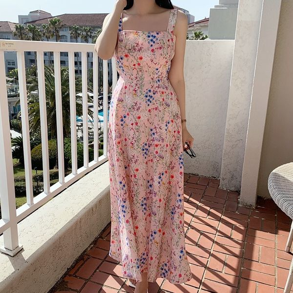

casual dresses sweet romantic print chiffon womens light summer daily korean pink long elegant beach white 230504, Black;gray