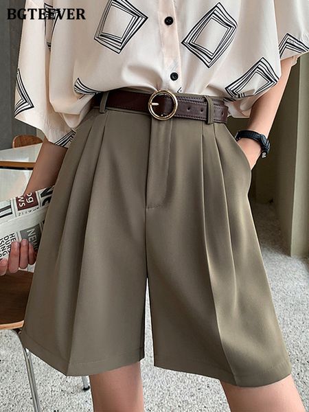 

women's shorts bgteever casual high waist single button female wide leg shorts spring summer solid pockets loose women shorts 230504, White;black