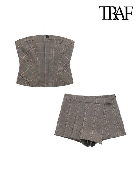 

women s tracksuits traf women fashion strapless plaid crop bustier and high waist side zipper shorts skirts female two piece sets mujer 230, Gray