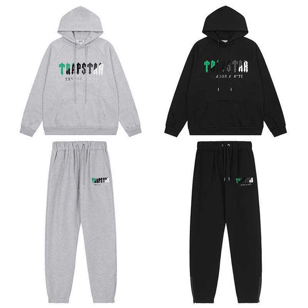 

trapstar green black towel embroidered plush hoodie zip closure pants casual pants set, Black;white