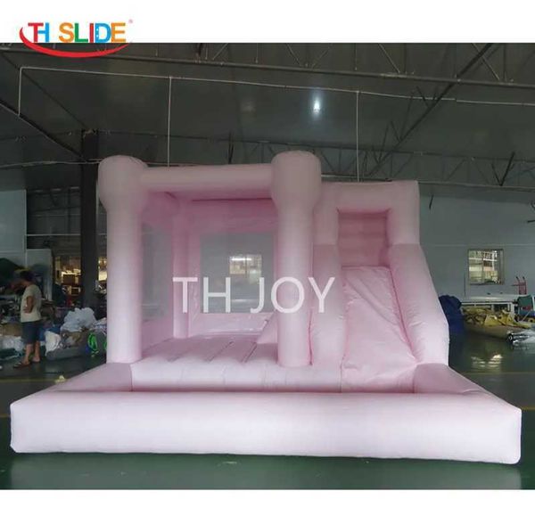 

4x4m delivery outdoor activities 13x13ft pastel pink bouncy castle with slide commercial white wedding birthday party bounce house with ball