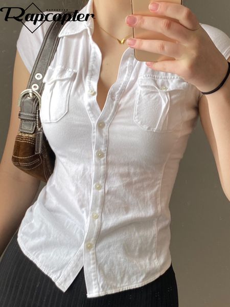 

womens tshirt rapcopter button pockets crop y2k turn down collar pockets harajuku tee casual basic retro t shirt cardigans women korean 2305, White