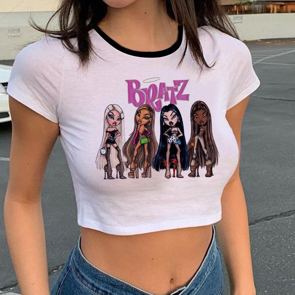 

camisoles tanks bratz letter graphic print t shirt harajuku crop o neck short sleeve shirts summer fashion y2k anime female tshirt 230503, Black;white