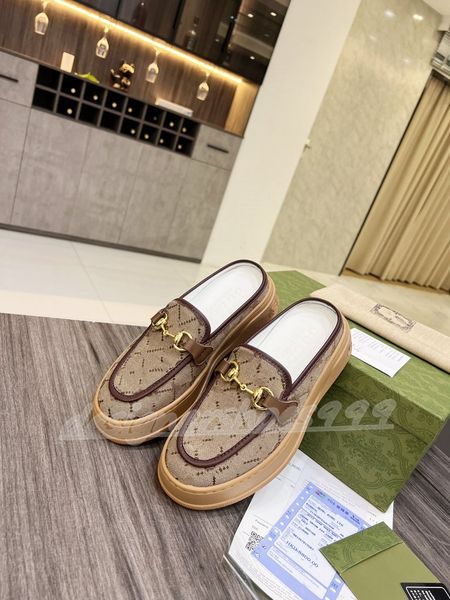 

women's half slippers leather vintage muler shoes new designer g sandals metal letter buckle luxury brand flat heel baotou outdoor clas, Black