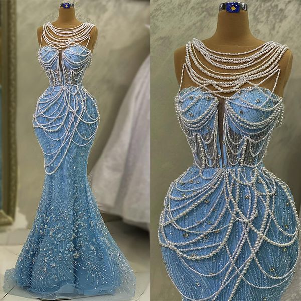 

gorgeous mermaid prom dresses sweetheart pearl chains design sleeveless applicants beads tulle floor length custom made plus size party dres, Black