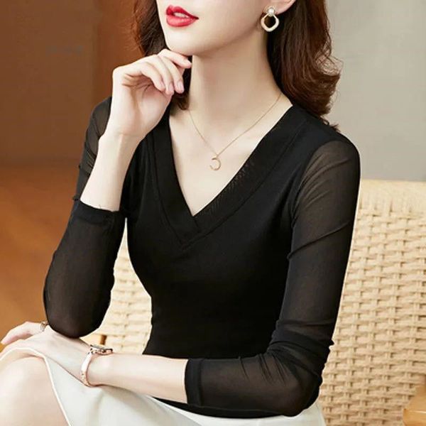 

t-shirt mesh solid color tshirt spring new v neck long sleeve thin bottoming shirt women's clothes m4xl, White