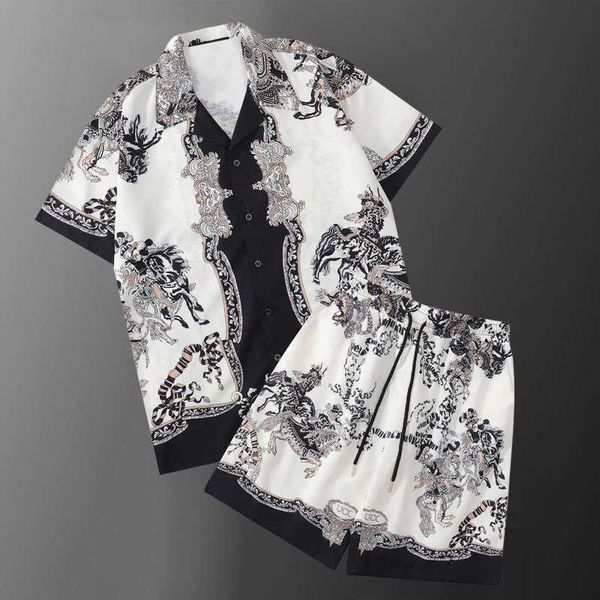 

men's casual shirts casual harajuku abstract digital printing shorts set loose short sleeve shirt set men hip hop beach holiday short s, White;black