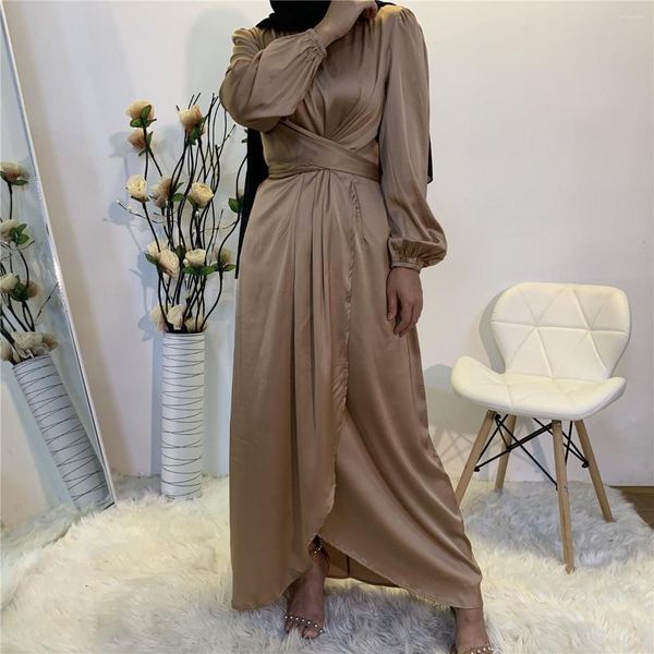 

Ethnic Clothing Eid Turkey Muslim Party Dress Satin Fake Two Piece Women Bandage Lace-up Hijab Abaya Vestidos Moroccan Kaftan Robe 2023