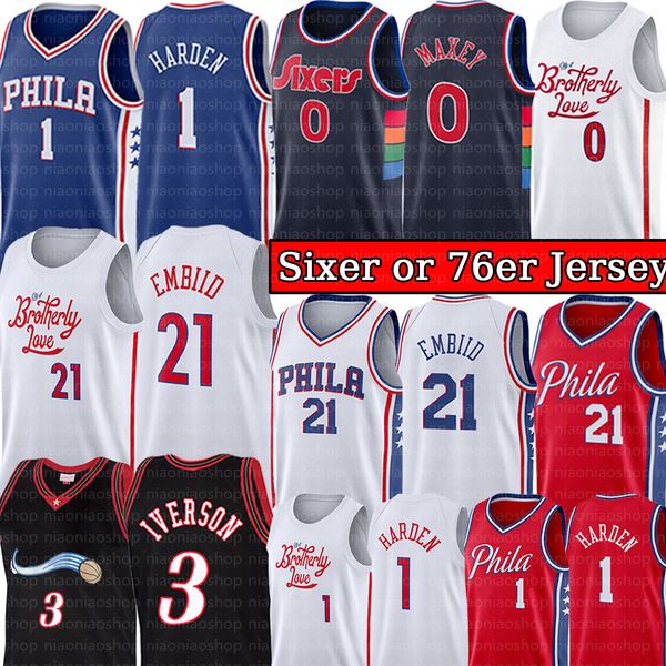 

joel embiid 21 james harden 1 2022-23''76ers" basketball jersey tyrese maxey 0 allen 3 iverson retro philadelphias sixer 76er, Black;red