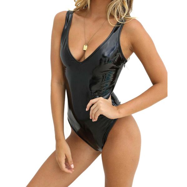 

women's pvc bright leather jumpsuit zipper sling faux leather vest, Black