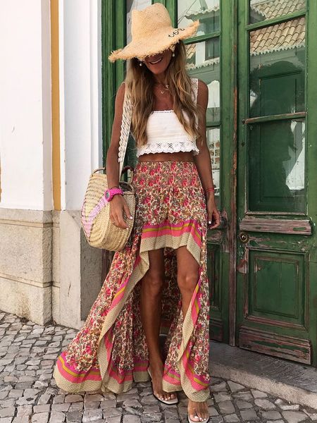 

skirts bohemian floral maxi women summer ladies high waist ruffle irregular split casual beach long female 230428, Black