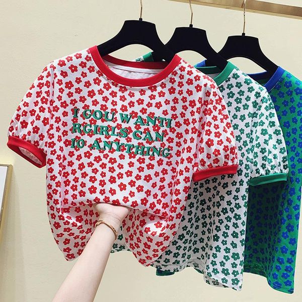 

t-shirt gkfnmt cotton flowers print tees t shirt women clothes puff sleeve tshirt summer short sleeve shirt green red y2k big girl, White