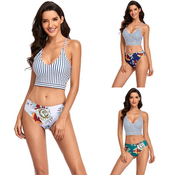 

women's tankinis two-pieces bikinis set for women 2023 summer bathing suits striped crossed lace-up tanks floral printted briefs girls, White;black