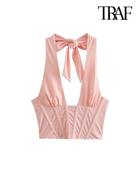 

t-shirt traf women fashion with bow tied fitted cropped bustier vintage backless side zipper female camis mujer, White
