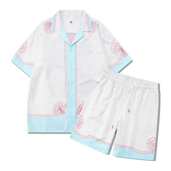 

men's casual shirts color stitching print shirt suit casual loose shorts beach short sleeve set men tracksuits summer shirtsshorts men, White;black
