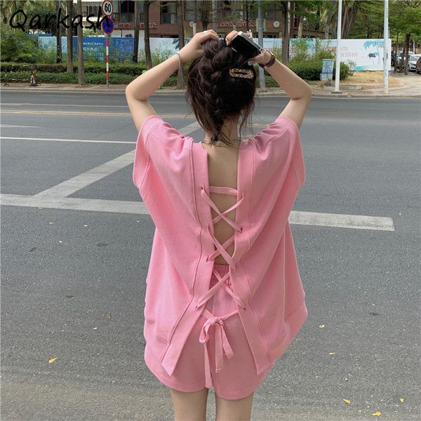 

womens two piece pants women sets tshirts bandage solid vneck shortsleeve loose korean style fashion shorts summer allmatch 230504, White