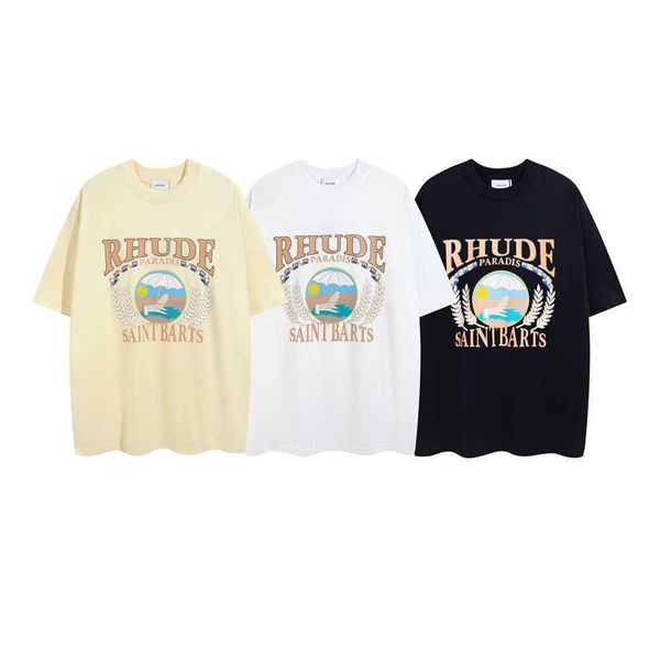 

designer men's t-shirts american rhude new sunset beach letter print high street fashion brand men's and women's couple cotto, White;black